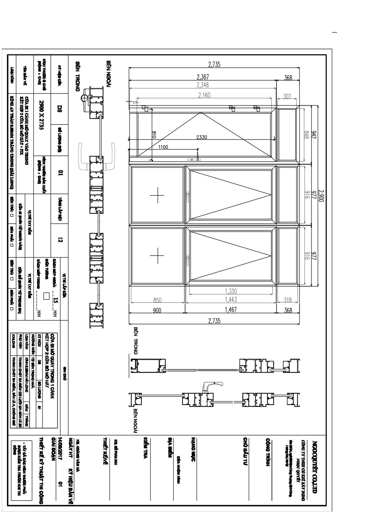 Bản vẽ kỹ thuật cửa nhôm kính an toàn 3 cánh mở quay vào trong với kích thước chi tiết